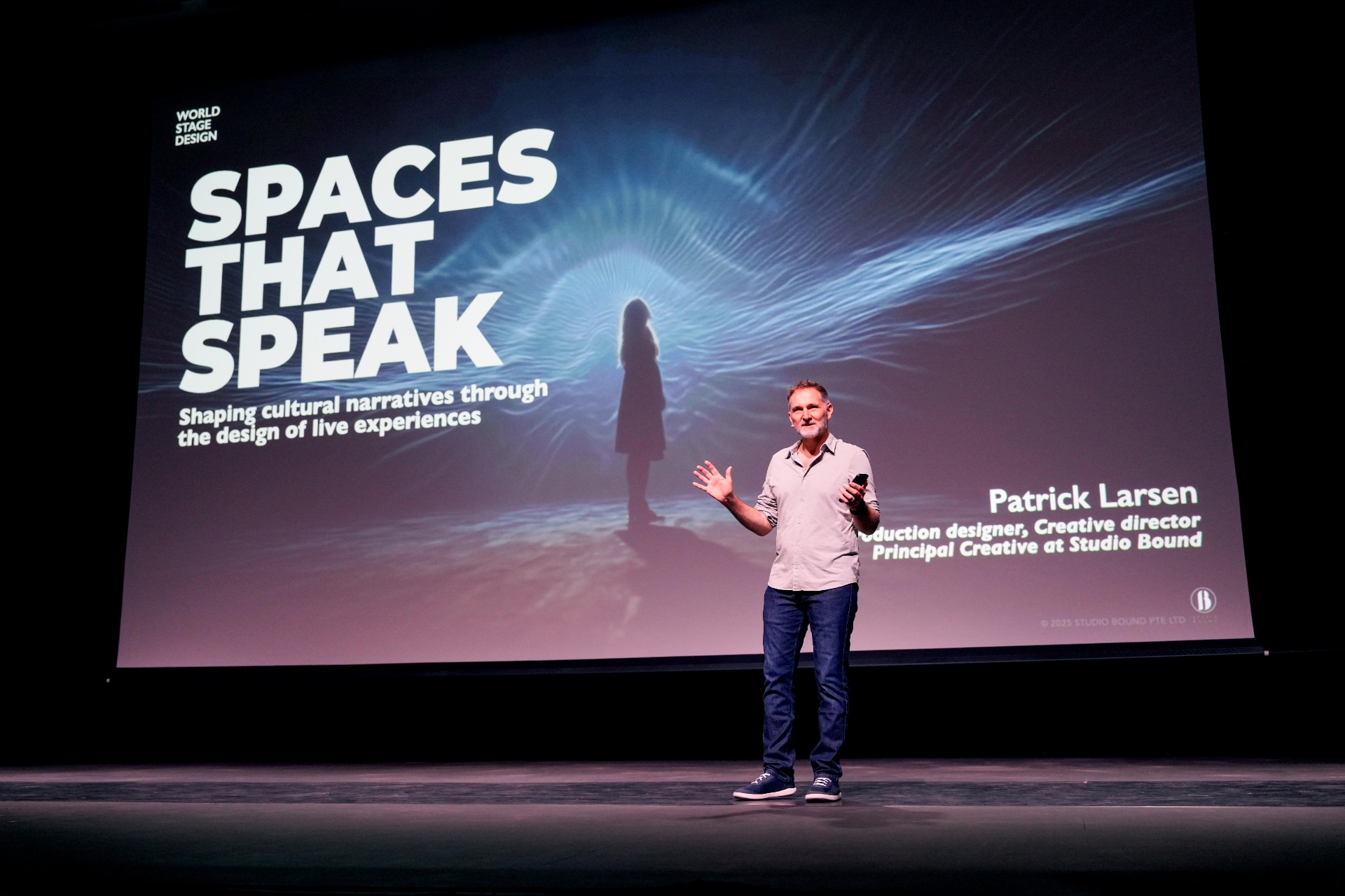 Spaces That Speak keynote title slide, World Stage Design Sharjah 2025.