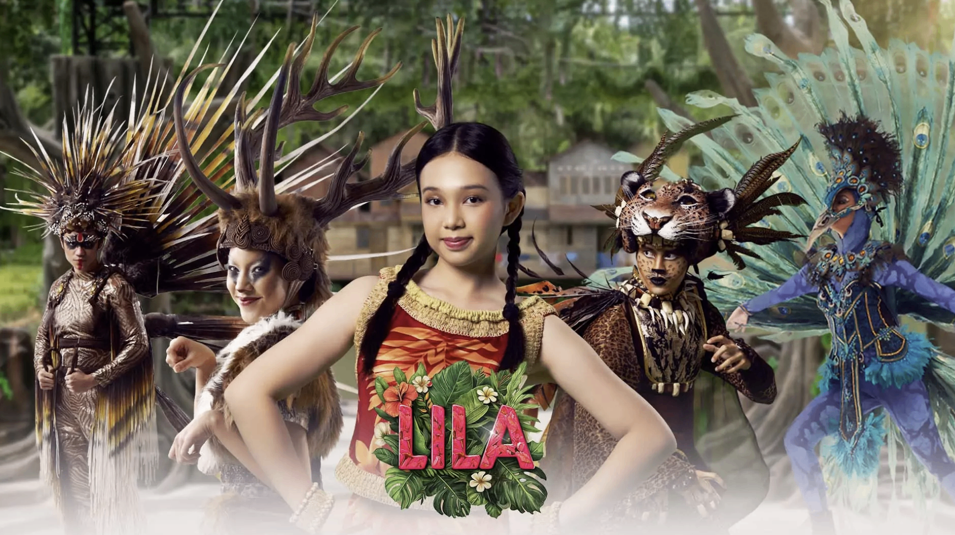 Composite of Lila cast — the girl Lila flanked by forest-spirit performers in antler, feather, peacock and porcupine costumes at Enchanting Valley.
