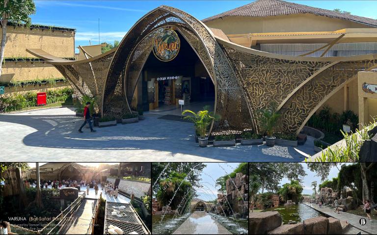 Varuna venue at Bali Safari & Marine Park — bamboo-arched entrance and dining terraces around the aquarium theatre.