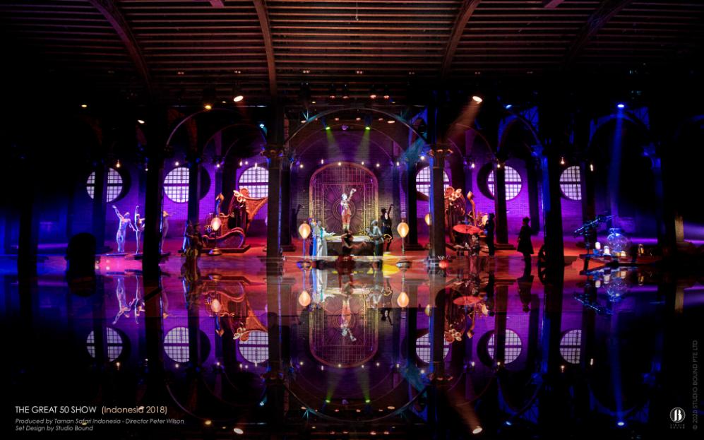 The Great 50 Show — Oriental Circus Indonesia's animal-free 50th-anniversary spectacular, Gelora Bung Karno, Jakarta (2018). Set design by Patrick Larsen, Studio Bound.